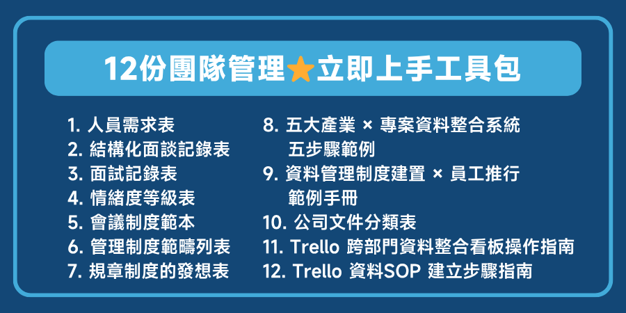 課程加贈 １２份團隊管理工具，1. 人員需求表 2. 結構化面談記錄表 3. 面試記錄表 4. 情緒度等級表 5. 會議制度範本 6. 管理制度範疇列表 7. 規章制度的發想表8. 五大產業 × 專案資料整合系統 五步驟範例 9. 資料管理制度建置 × 員工推行 範例手冊 10. 公司文件分類表 11.  Trello 跨部門資料整合看板操作指南 12. Trello 資料SOP 建立步驟指南