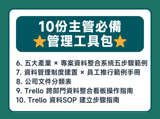 課程加贈 １２份團隊管理工具，1. 人員需求表 2. 結構化面談記錄表 3. 面試記錄表 4. 情緒度等級表 5. 會議制度範本 6. 管理制度範疇列表 7. 規章制度的發想表8. 五大產業 × 專案資料整合系統 五步驟範例 9. 資料管理制度建置 × 員工推行 範例手冊 10. 公司文件分類表 11.  Trello 跨部門資料整合看板操作指南 12. Trello 資料SOP 建立步驟指南