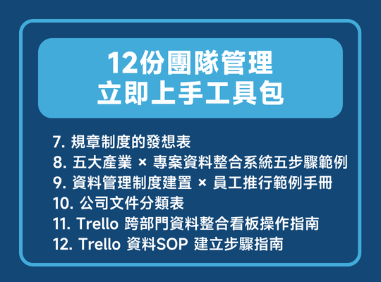 課程加贈 １２份團隊管理工具，1. 人員需求表 2. 結構化面談記錄表 3. 面試記錄表 4. 情緒度等級表 5. 會議制度範本 6. 管理制度範疇列表 7. 規章制度的發想表8. 五大產業 × 專案資料整合系統 五步驟範例 9. 資料管理制度建置 × 員工推行 範例手冊 10. 公司文件分類表 11.  Trello 跨部門資料整合看板操作指南 12. Trello 資料SOP 建立步驟指南